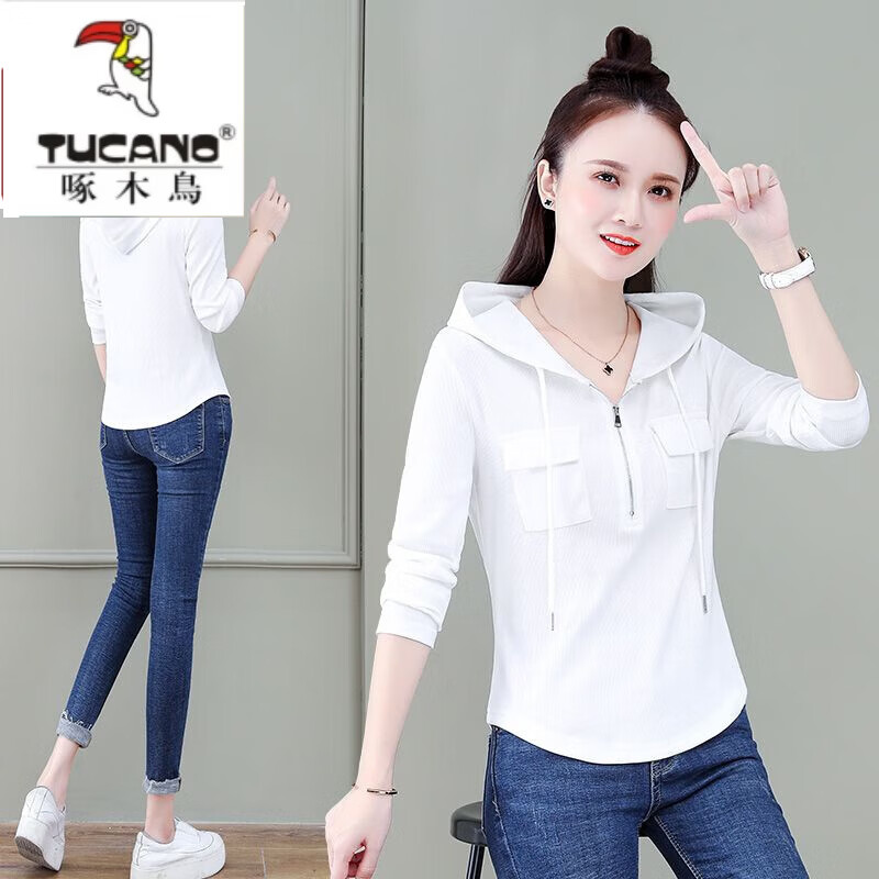 啄木鸟（TUCANO）新款卫衣女连帽修身长袖T恤2026秋冬新款韩版显瘦时尚减龄打底衫 黑色  L 建议100-115斤