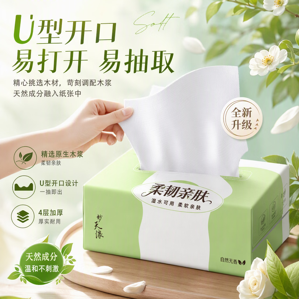 【新客福利0.01】原木抽纸整箱批发纸巾原木餐巾纸擦手纸卫生纸 4层 160张*2包 【家庭装】 图 6