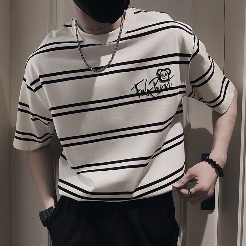 吉棋条纹t恤男夏季潮牌刺绣短袖体恤2023新款重磅宽松上衣痞帅半袖潮t