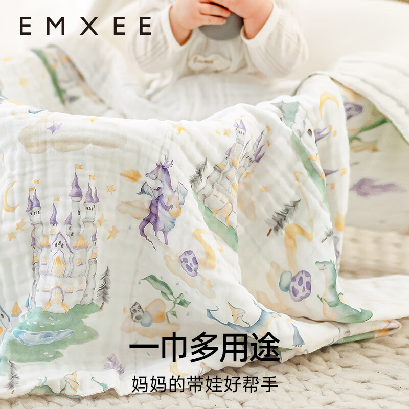 嫚熙(EMXEE)婴儿纱布浴巾纯棉吸水洗澡包裹包巾一巾多用 梦幻乐园+绮幻花信