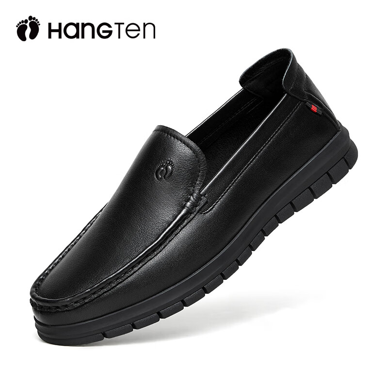 欢腾(HANG TEN)休闲皮鞋男真皮透气软底中年商务男士休闲鞋轻便防滑上班办公套脚 黑色 44