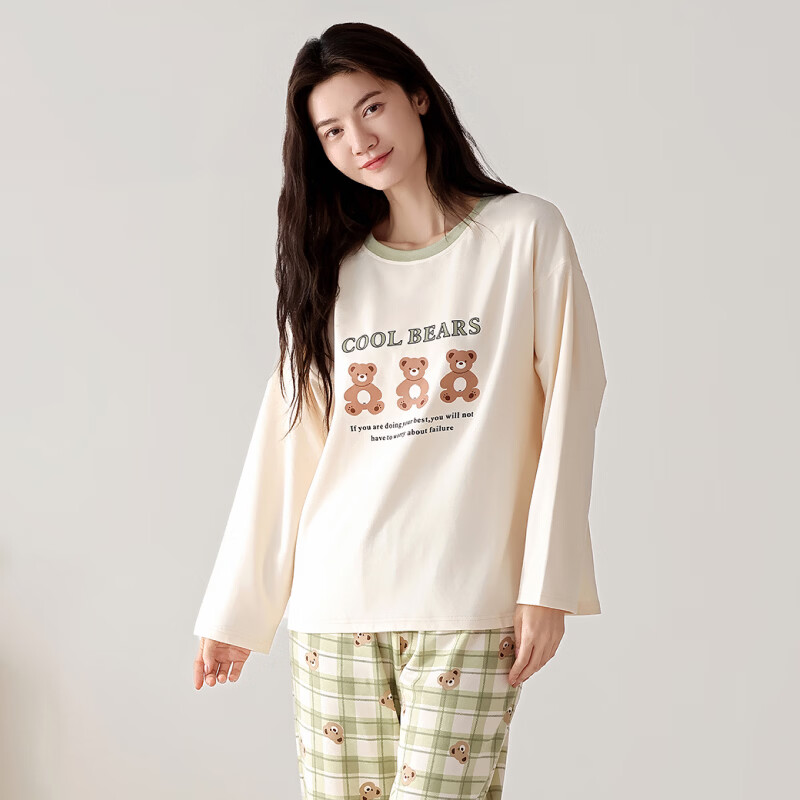 芬腾情侣睡衣女春秋季纯棉长袖休闲条纹2026新款男女家居服套装 FX25931469杏色 【女款】 L 建议女110-124斤,男126-146斤