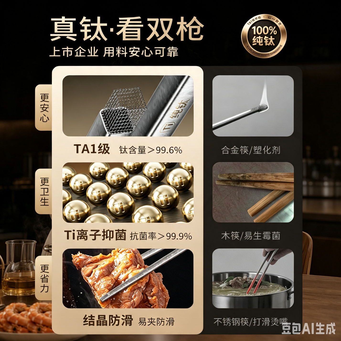双枪(Suncha)100%纯钛筷子家用高档筷抗菌防霉耐高温高端可入洗碗机家庭装活动 2双装【100%纯钛板材/99.9%抗菌】 2双