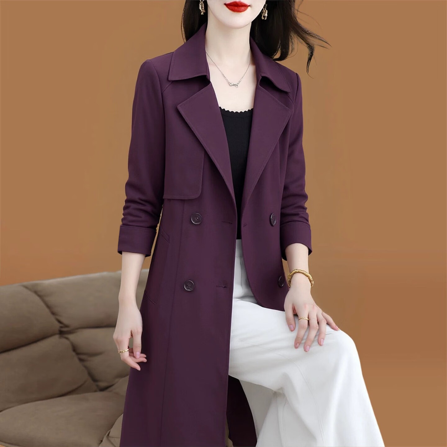 香影芬高档风衣外套女秋季2026新款时尚气气质中长款高级感杭州意法大衣 紫红色 L
