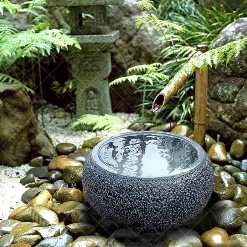 瀛乐日式石钵莲花缸庭院水池景观古石雕花盆禅水钵石槽天然石盆水槽