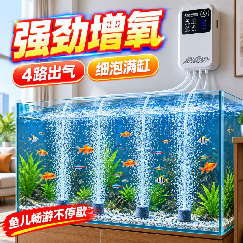 户外钓鱼增氧泵鱼缸氧气泵静音增氧机家用鱼缸给氧充电两用打氧机 户外防水【20w四孔】电池7500毫安+4档