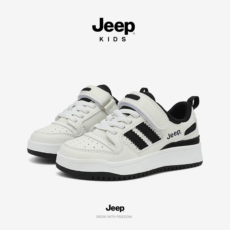 JEEP2026秋季新款魔术贴低帮休闲儿童百搭校园网面运动鞋板鞋 白黑 33
