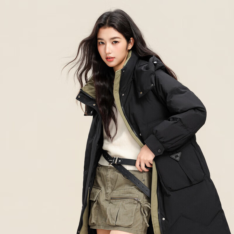 雪中飞冬新款女羽绒服连帽百搭大口袋加厚保暖宽松简约韩版中长款 黑色|8056 L /165/88A