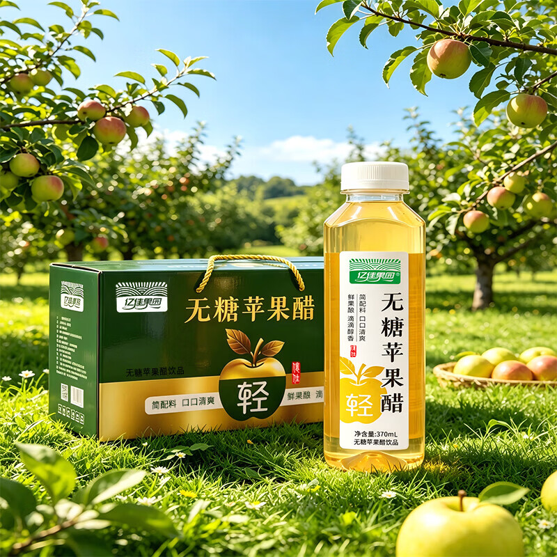 亿佳果园苹果醋饮料整箱装天然果醋发酵酸甜好口感便携瓶装 无糖果醋370ml*12瓶