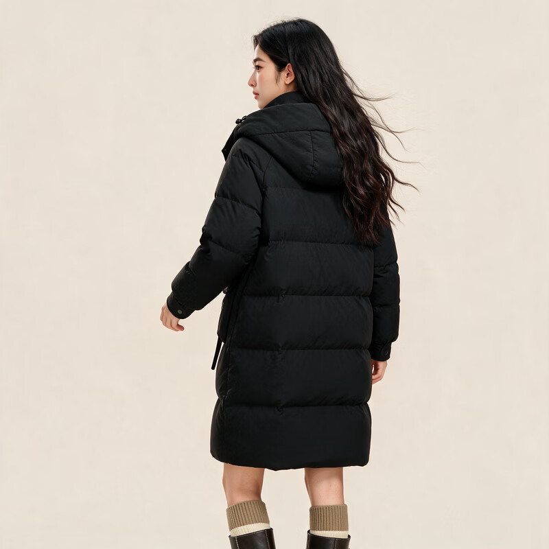 雪中飞冬新款女羽绒服连帽百搭大口袋加厚保暖宽松简约韩版中长款 黑色|8056 M /160/84A