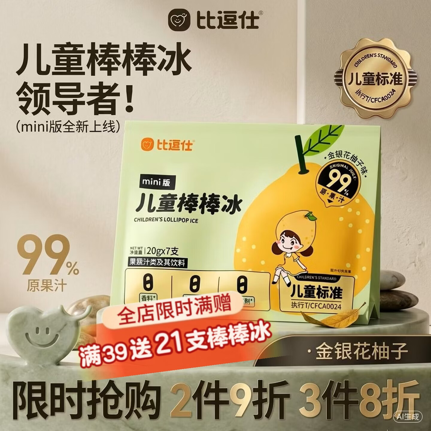 比逗仕儿童棒棒冰碎碎冰mini版金银花柚子味20g*7支99%原果汁儿童零食