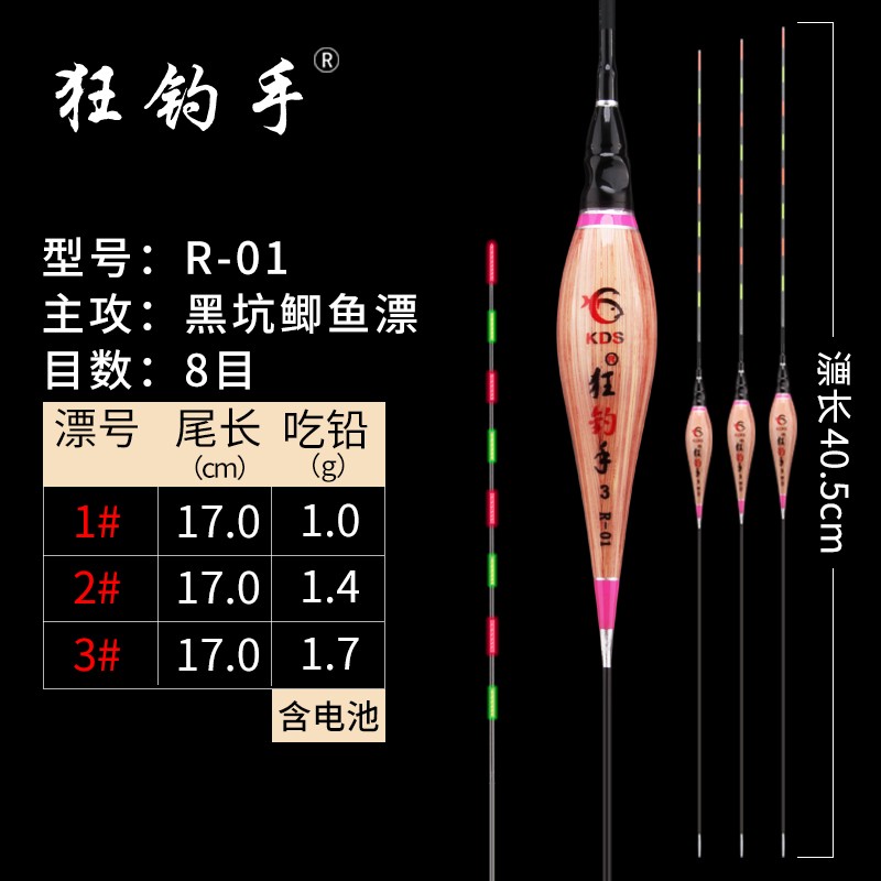 狂钓手池海狂钓手芦苇夜光浮漂醒目高灵敏鲫鱼电子漂黑坑野钓鱼漂 R-01鲫鱼漂（芦苇水无影尾） 1号一支（配2颗电池）