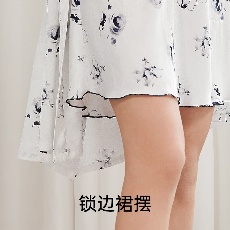欧迪芬(Ordifen)睡衣女冰丝吊带裙睡袍二件套透气舒适蕾丝宽松家居服XH4724B 香草白 L