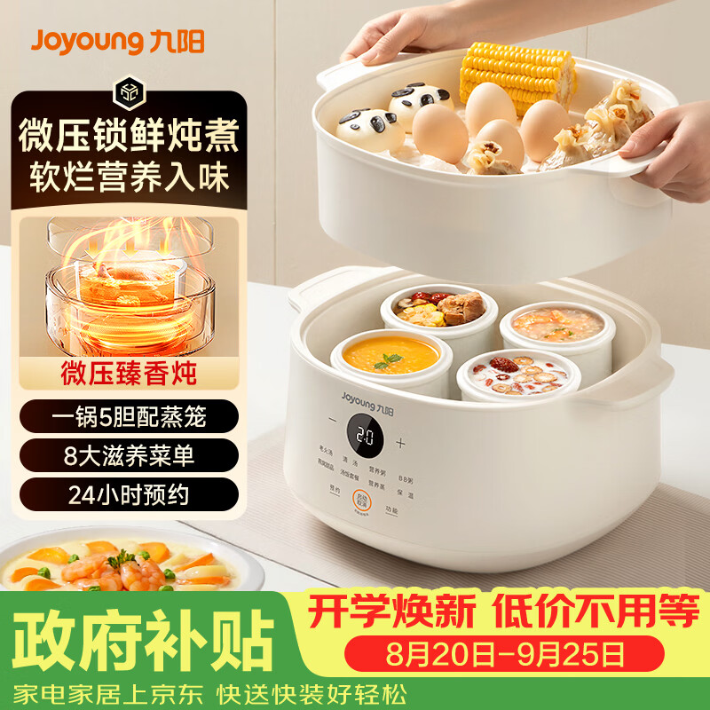 九阳(Joyoung)电炖盅 电炖锅 隔水炖煮 家用煮粥煲汤锅燕窝炖盅4.5L白瓷内胆炖汤锅上蒸下炖DG25G-GD188