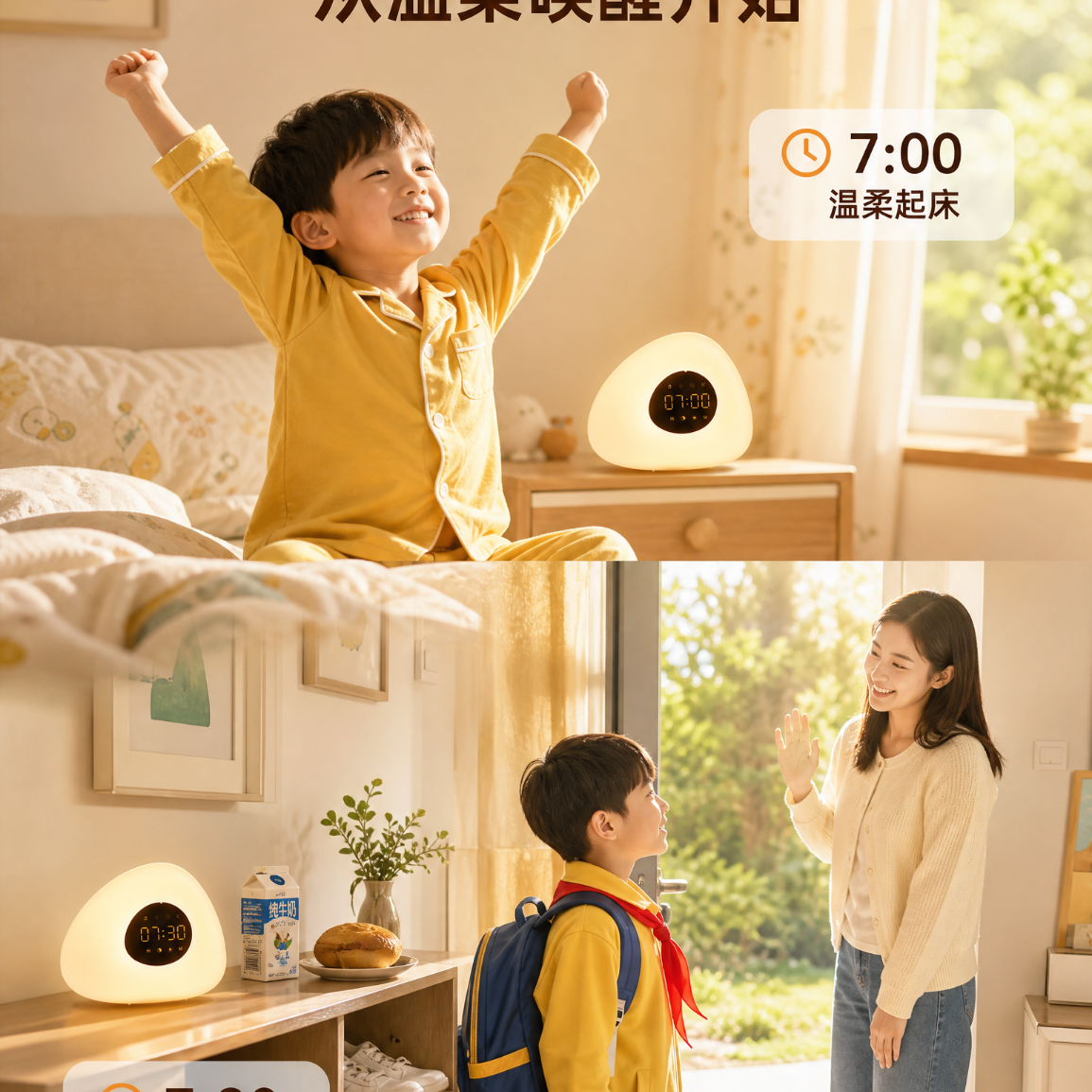 水母云儿童AI闹钟唤醒灯光唤醒台灯儿童房床头夜灯氛围灯 白色 儿童闹钟款