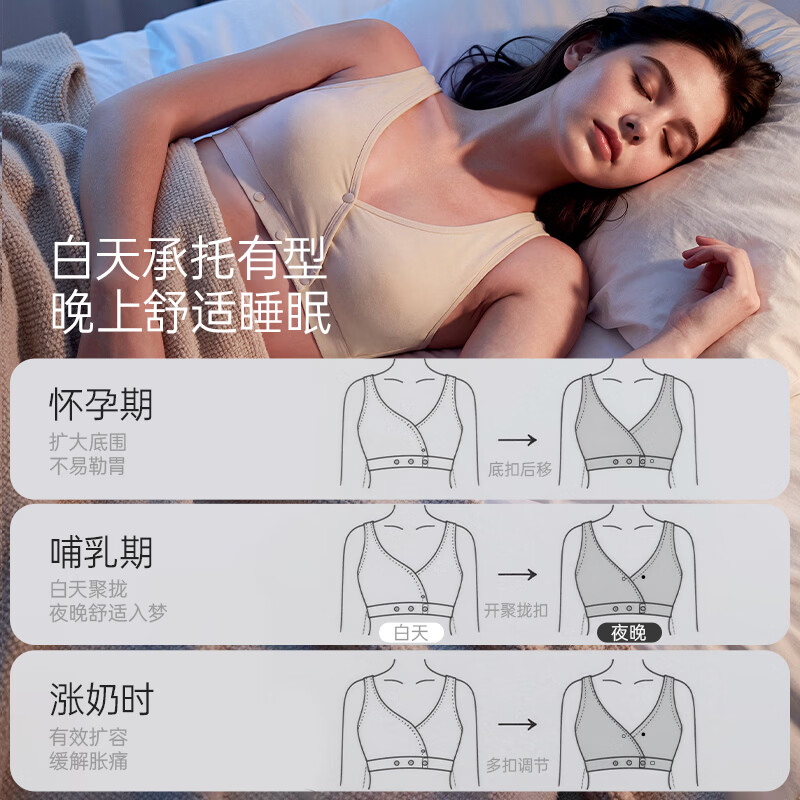 ROVO睡眠哺乳内衣睡觉孕妇文胸罩聚拢怀孕期女产后舒适无痕不易跑杯 肤色+灰咖色 XL
