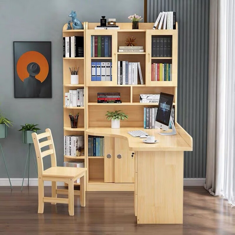 唐杉实木转角书桌书架一体组合柜电脑写字台拐角书房家具小学生书桌
