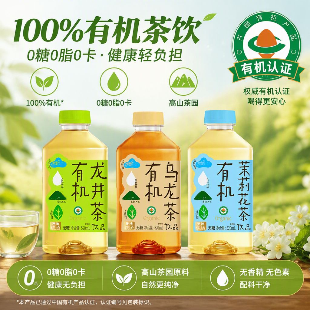 华洋无糖有机茶饮料 龙井乌龙茉莉花茶饮料 【15瓶整箱装】有机龙井茶520ml