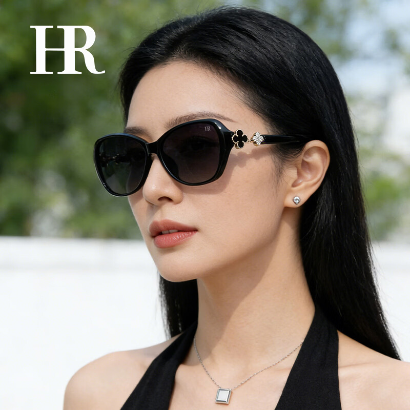 HR墨镜女时尚潮流偏光太阳镜开车防晒防紫外线生日礼物送女友 【品牌高定礼盒】HYJ060黑框全灰片