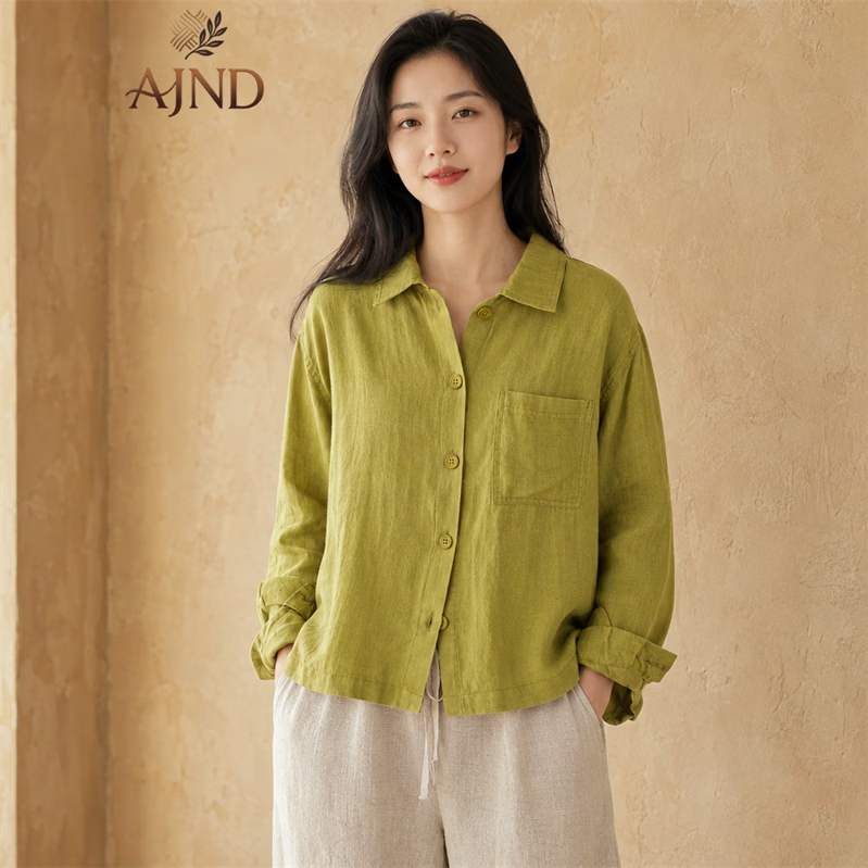AJND100%亚麻衬衫女秋休闲妈妈装宽松翻领长袖衬衣单排扣外套开衫上衣 果绿色 XL 建议125-145斤左右
