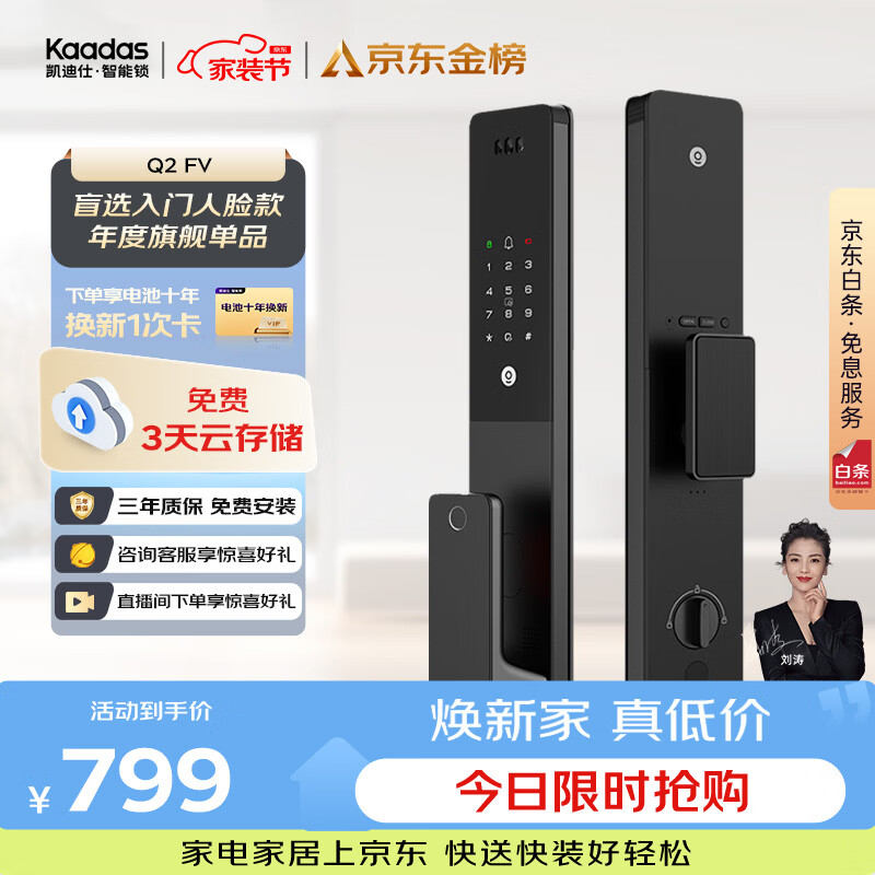 凯迪仕（KAADAS）智能门锁 人脸识别猫眼监控摄像指纹锁密码智能锁 Q2 FV