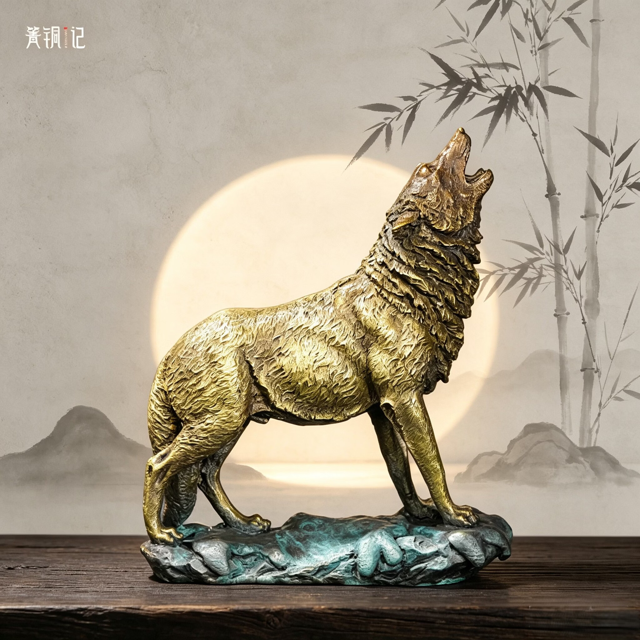 箐铜记纯铜啸狼摆件 新中式家居玄关办公室工艺品开业乔迁礼品 啸狼