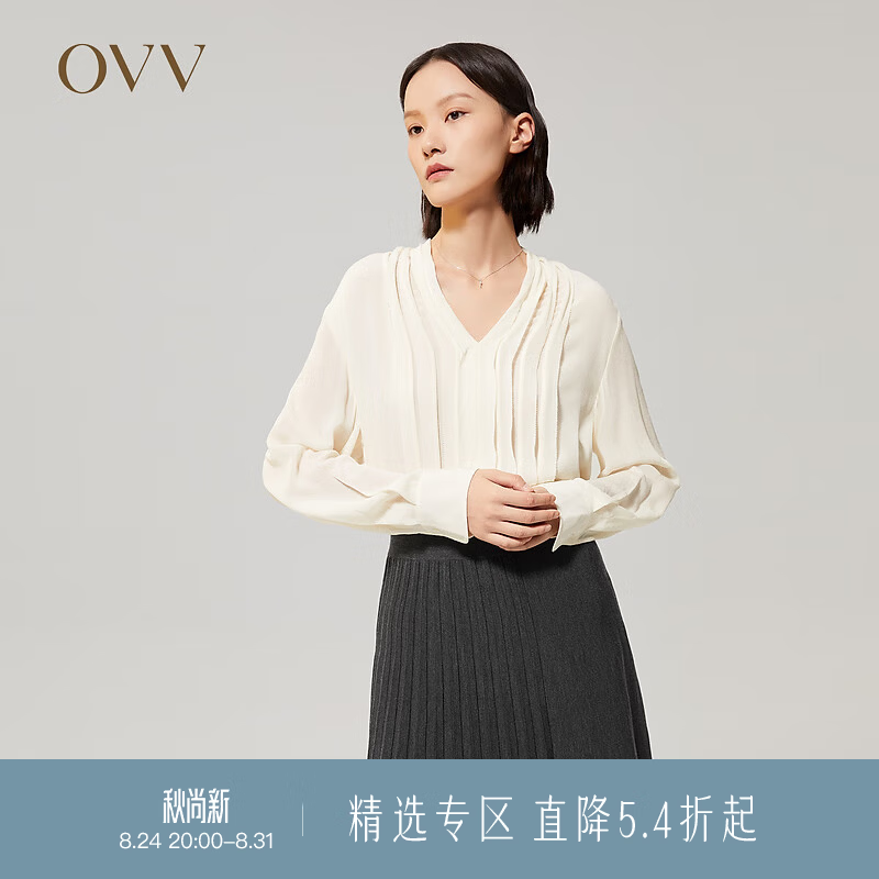 OVV【重磅真丝】OVV2022秋冬新款女装22姆米鬼绉花边V领长袖衬衫 米白A3 M