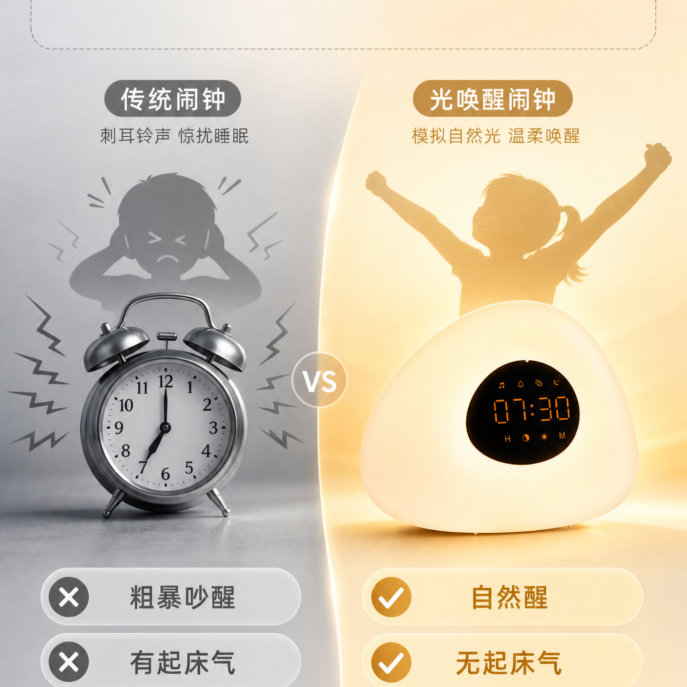 水母云儿童AI闹钟唤醒灯光唤醒台灯儿童房床头夜灯氛围灯 白色 儿童闹钟款