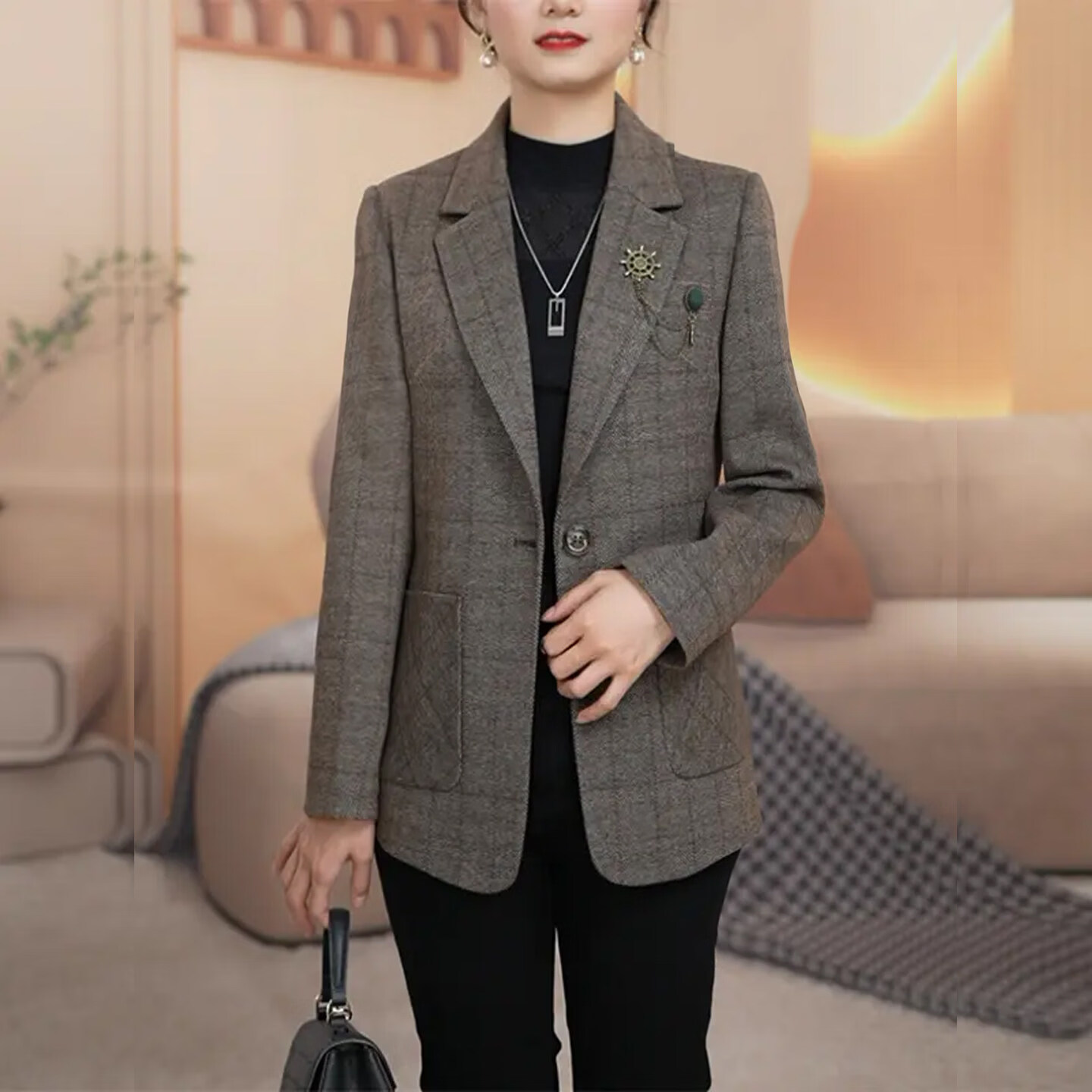 香影芬女士小西装外套春秋季妈妈气质名媛高级感高端品牌小个子西服上衣 咖色 L 建议106-115斤