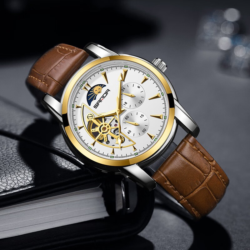 三达(sanda)全自动机械手表男士精钢镂空陀飞轮月相时尚潮流防水夜光