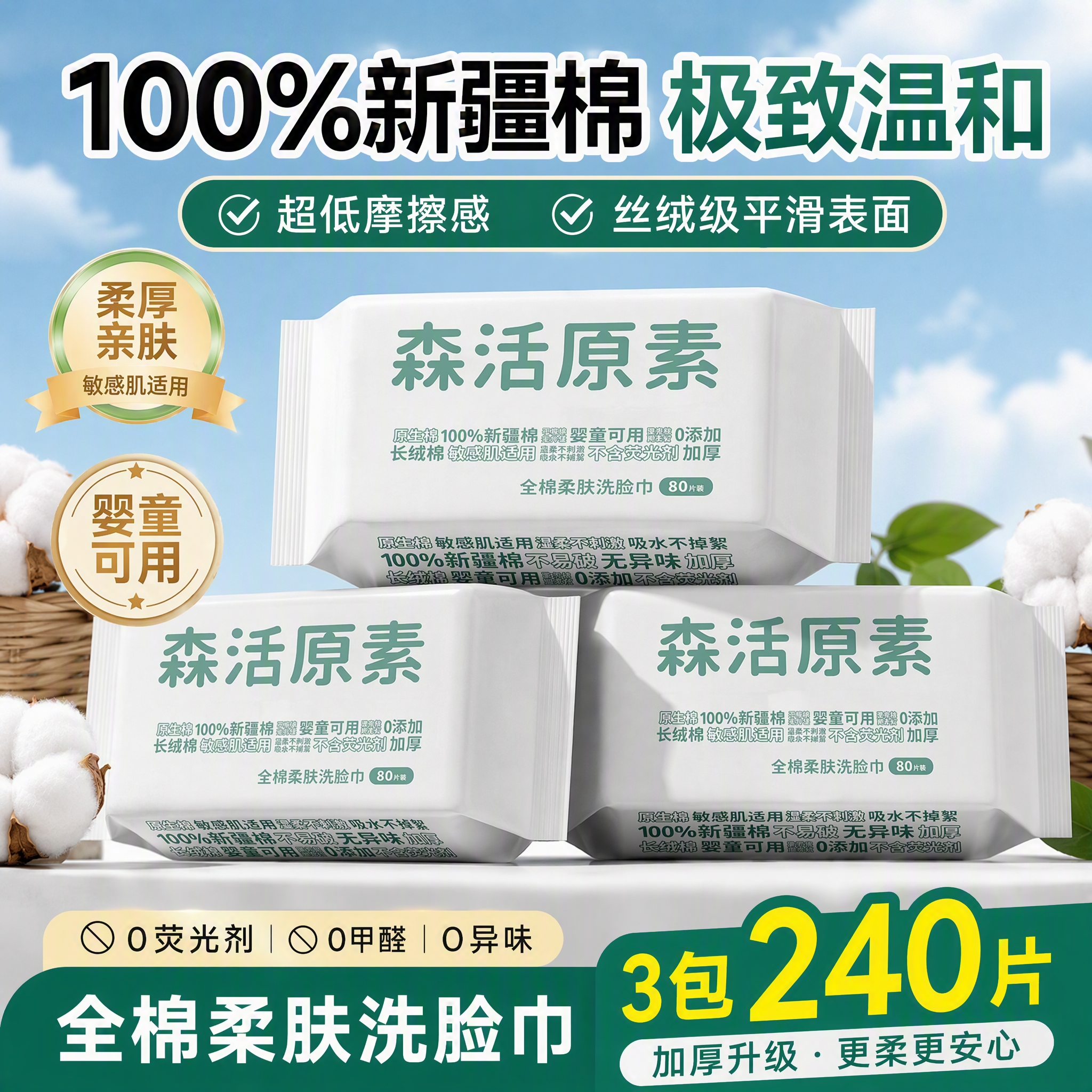 森活原素全棉洗脸巾80抽*3包一次性100%棉柔巾洁面毛巾擦脸抽式20*20CM