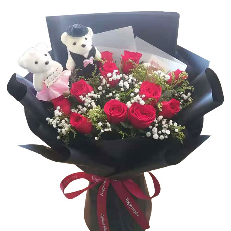 鲜花同城配送玫瑰花鲜花速递同城送花女朋友 11朵红玫瑰花束 2只小熊