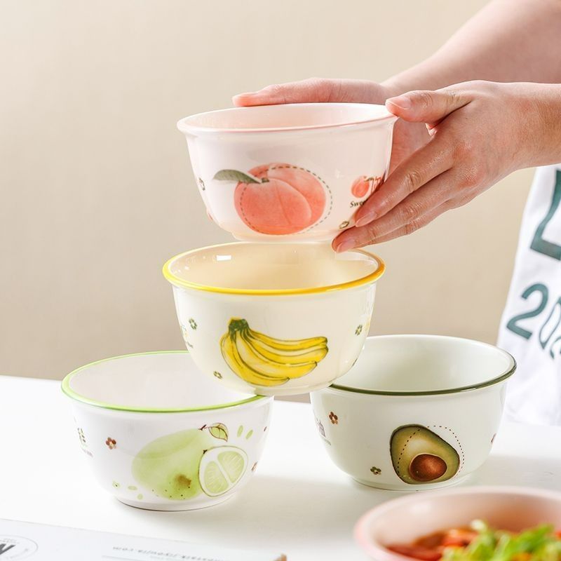 CRHMMFLF防烫饭碗水果系列釉下彩陶瓷碗家用餐具组合耐高温布丁甜品小碗 【四个装】水果【牛油果+香蕉+水蜜桃+柚子】