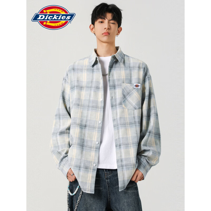 Dickies港式复古休闲长袖衬衫男士2026秋季新款宽松格子潮牌时尚上衣服装 黄色 【官方正品】 XL 【建议130-150斤】
