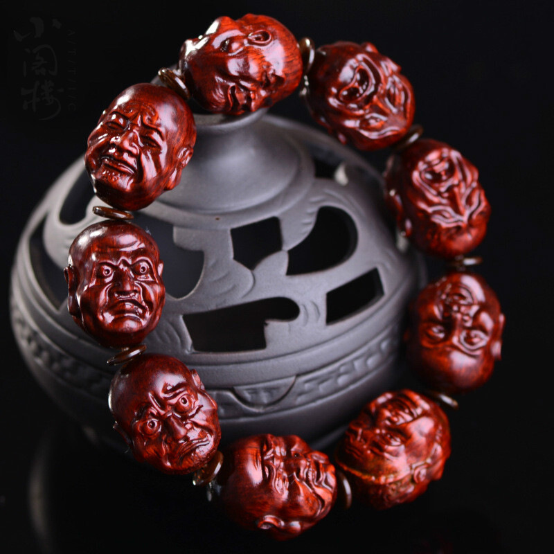 珠緣景翠印度贊比亞小葉紫檀手串 十八羅漢手鏈精細(xì)雕刻 男女血檀佛珠老料單顆尺寸20MM*2