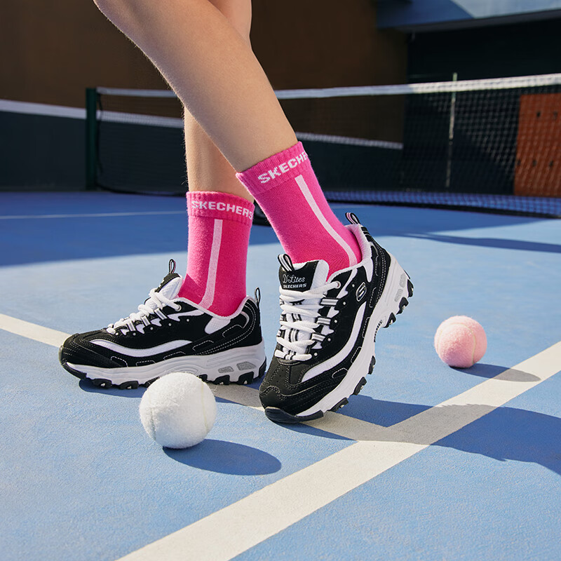 斯凯奇（Skechers）童鞋2025秋冬新款女童黑白熊猫鞋厚底老爹鞋大童运动鞋儿童休闲鞋 黑色/白色-BKW 27.5