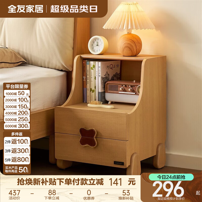 全友（QUANU）家居现代简约青少年儿童床头柜卧室家用抽屉式收纳储物置物柜子 【原木色】床头柜
