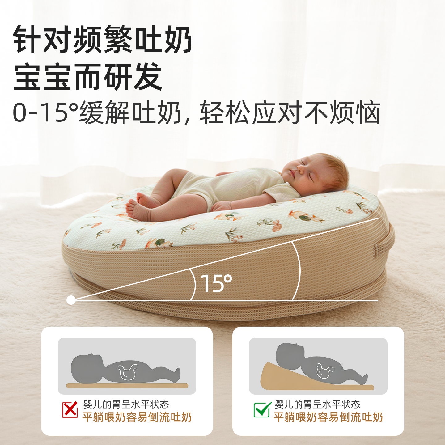 温欧斜坡枕婴儿防吐奶可躺喂奶神器新生儿睡觉用枕头垫抬头大号五个月 萌猫西西【科学躺喂-加宽不移位】双面可用