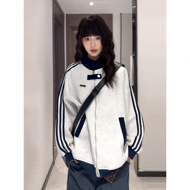 棒球服夹克女士春秋季潮牌宽松百搭衣服ins港风痞帅休闲情侣外套 藏青色 L