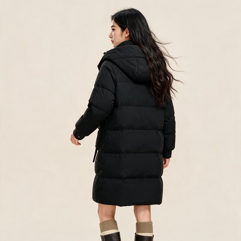 雪中飞冬新款女羽绒服连帽百搭大口袋加厚90绒保暖宽松简约韩版中长款 黑色|8056 M /160/84A