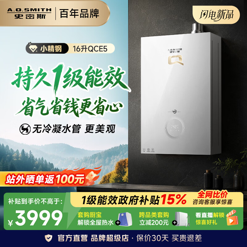 史密斯（A.O.SMITH）燃气热水器新品 Q系列【小精钢QCE5】 全精钢心 一级能效无冷凝水管 恒温大水量  换热器8年包换 16L 【一级能效新品】无冷凝水管
