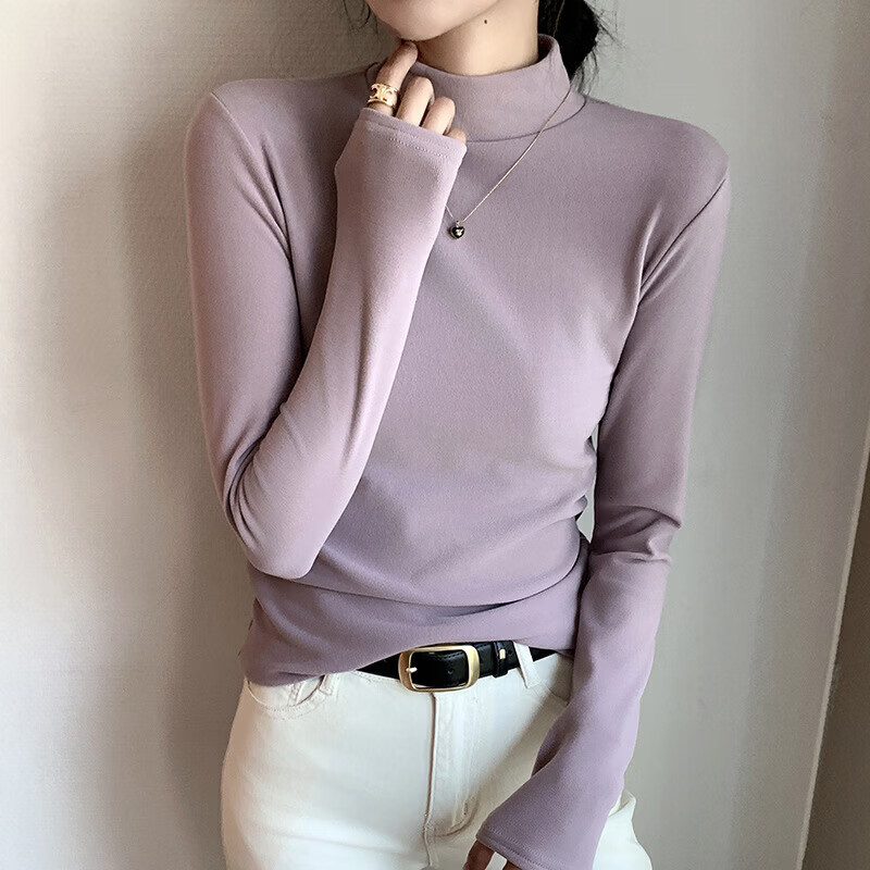 有只绵半高领双面磨毛打底衫女秋冬款内搭纯色加绒加厚保暖长袖上衣 黑色 M 适合70-90斤