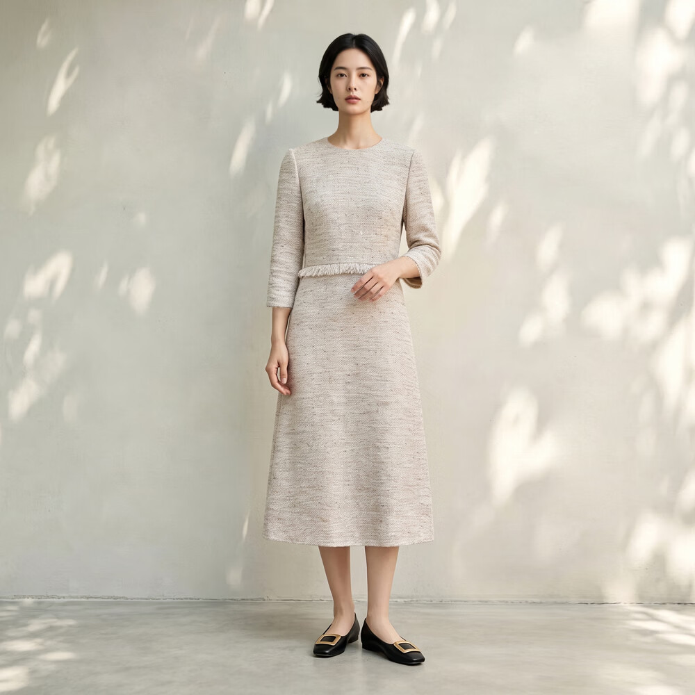 邹茉气质优雅针织连衣裙女2026秋季新款小香风套装裙子 卡其色 S