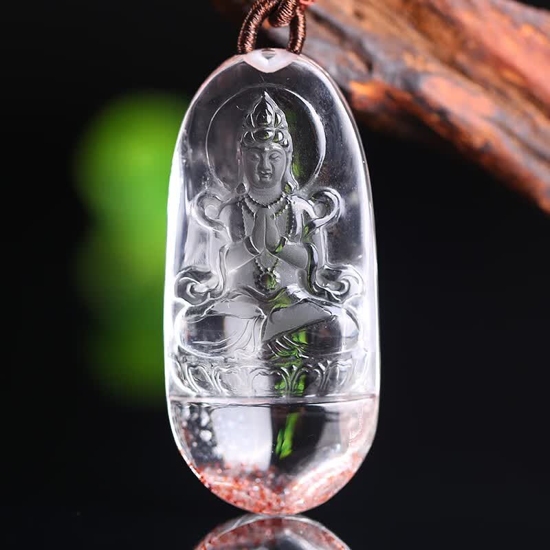 天然水晶 草莓晶吊坠 观音吊坠 全净体金草莓云母片观世音菩萨保平安