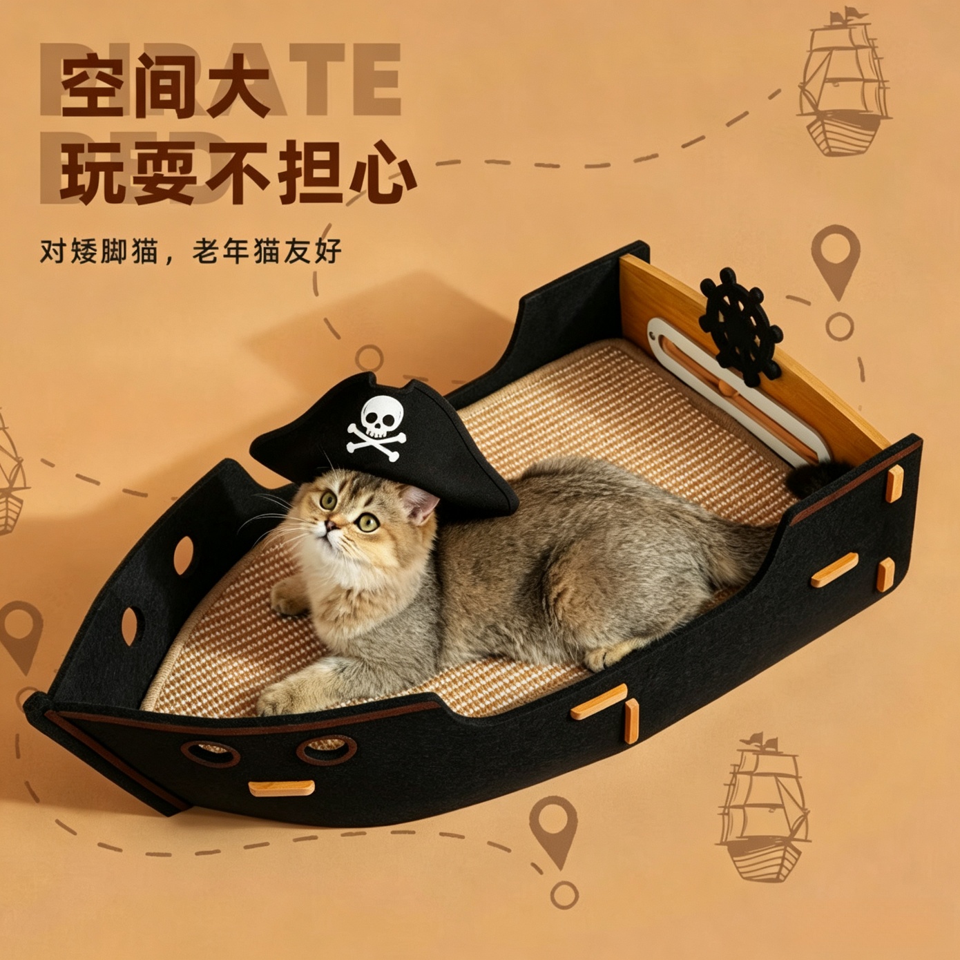 喵仙儿猫抓板猫窝一体海盗船耐磨不易掉屑四季通用双层猫爬架猫咪玩具 单层海盗船