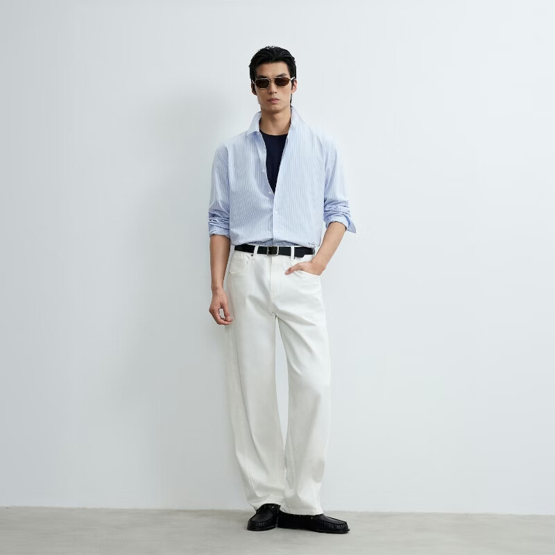 杰克·琼斯(JACK&JONES)【牛津纺】长袖衬衫男士26年秋季竖条纹弹力精致刺绣休闲衬衣男装 C39天蓝 常规 L