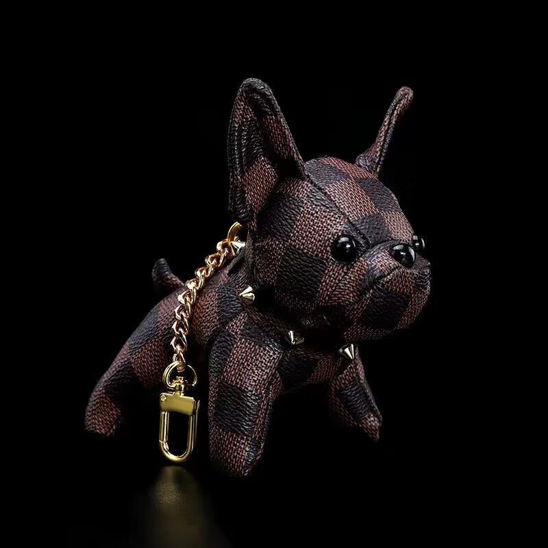 适用lv包包老花法斗犬钥匙扣棋盘格挂件汽车钥匙扣皮质狗狗挂饰 老花