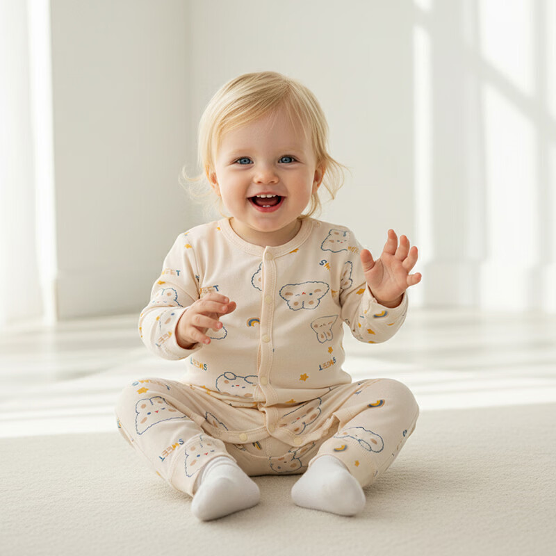 小猪大卫 PECODAVID婴幼儿连体衣春秋纯棉新生儿连身衣长袖哈衣简约风爬爬服 可爱兔【对开】 80cm