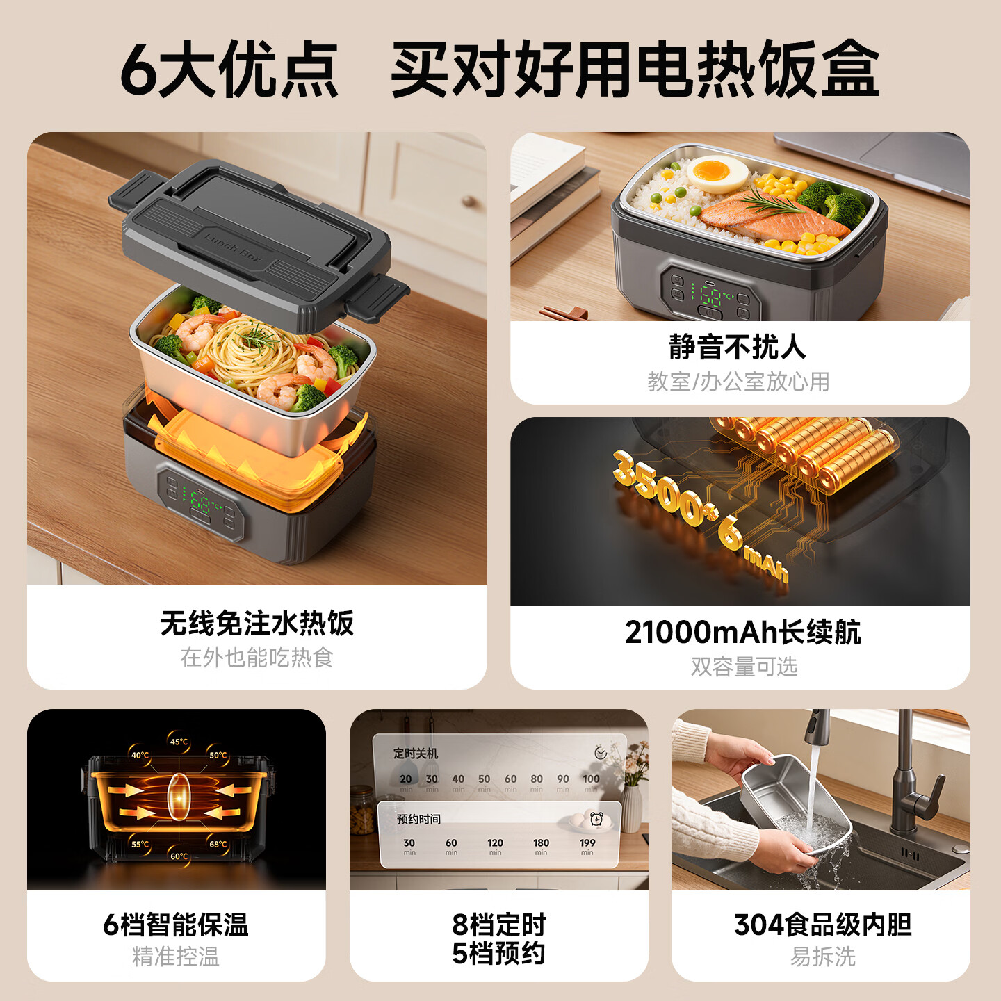 GBTW充电无线加热饭盒不插电免注水大容量304内胆保温户外上班学生便携自热消毒电热饭盒 1.2L 灰色【21000超长续航+快充+速热保温】