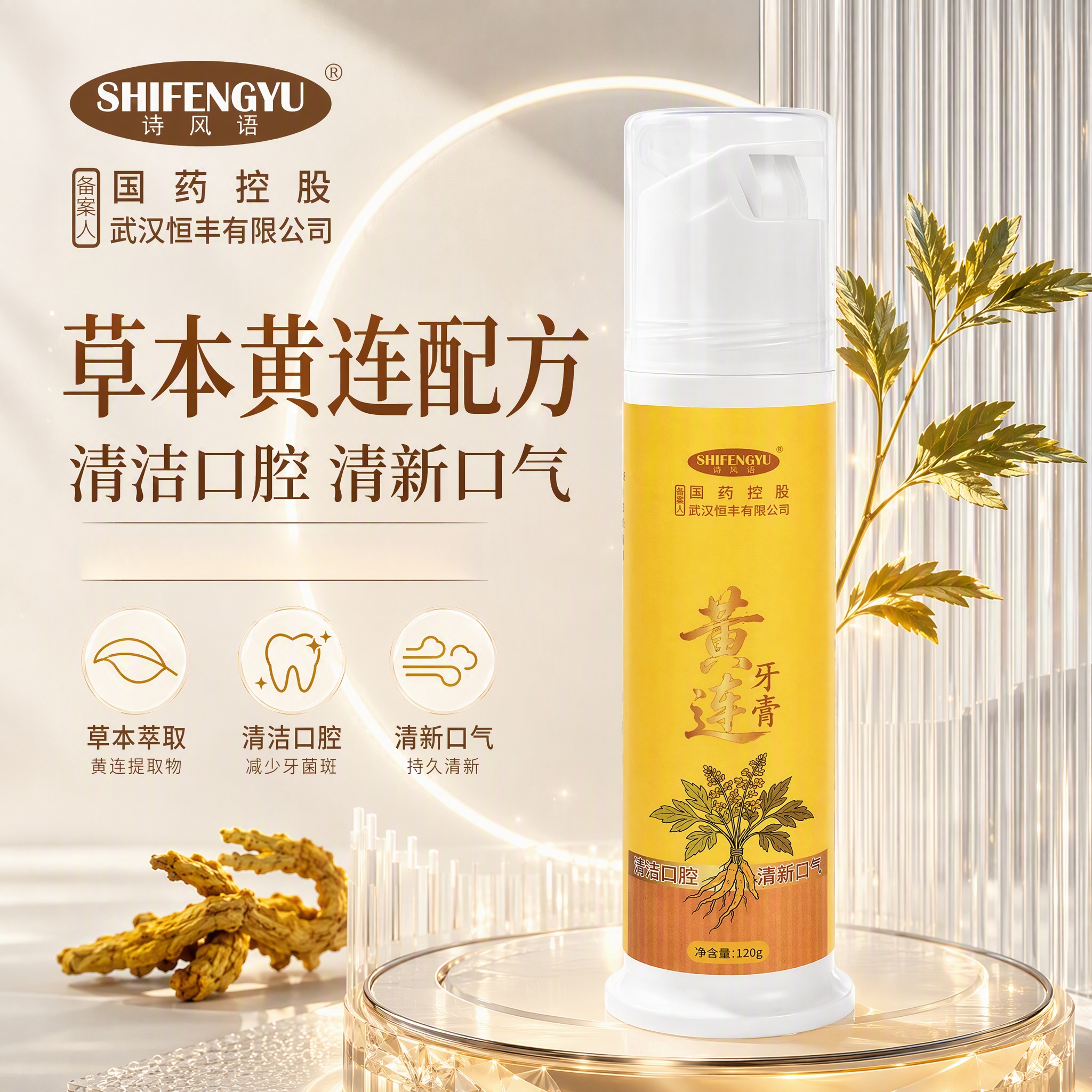 诗风语国药控股黄连牙膏清火薄荷香型护龈清新口气泵式草本护理牙膏 黄连泵式牙膏 120g*2支